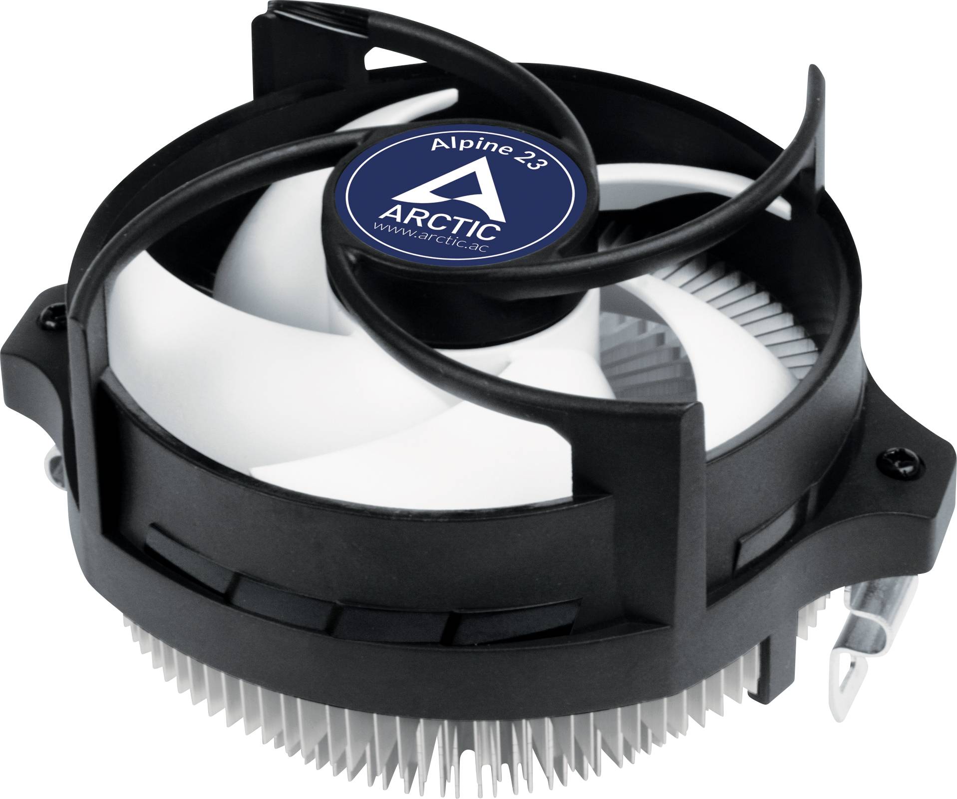 Køleren Arctic Alpine 23 med ventilator og køleribber. Sort kabinet, hvid ventilator. Bruges til køling af computerprocessorer.