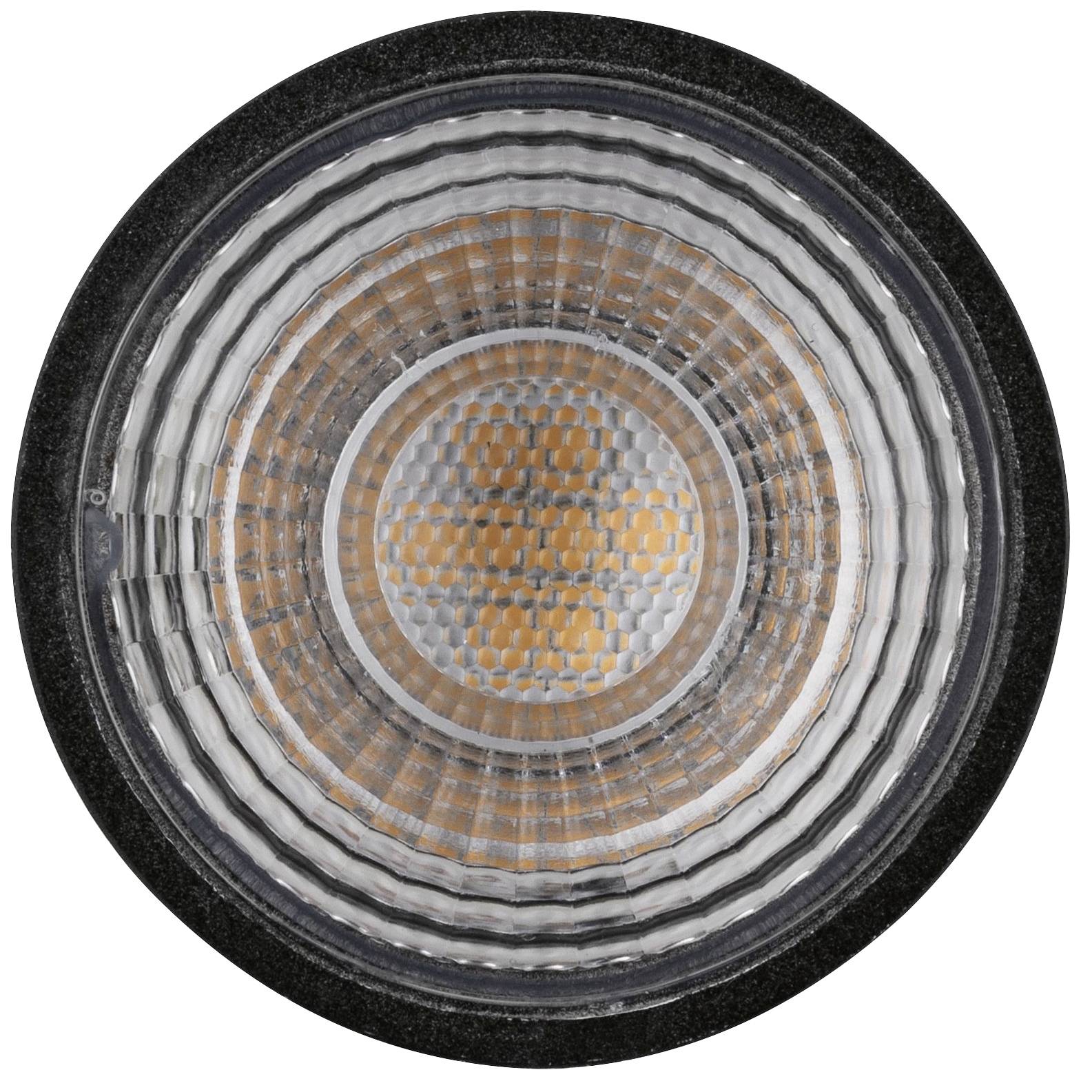 LED-lysmodul i rund form med sort kant, viser koncentriske, reflekterende linjer og et honeycomb-lignende centrum.
