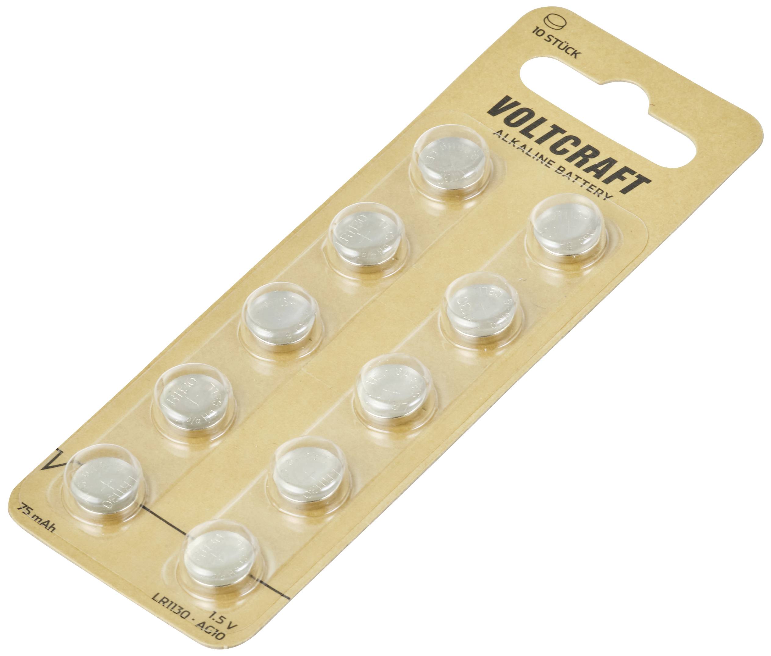 Pakke med 10 Voltcraft alkaliske knapbatterier, 1,5V, model LR1130-AG10, velegnet til små elektroniske enheder.