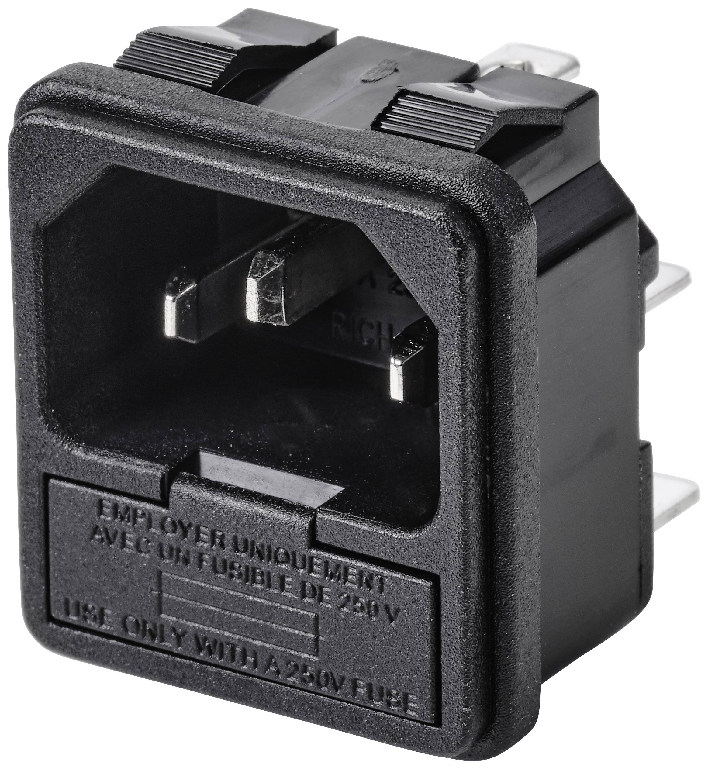 Sort apparatstik med trepolet tilslutning. Mærkning 'USE ONLY WITH A 250V FUSE' synlig på forsiden.