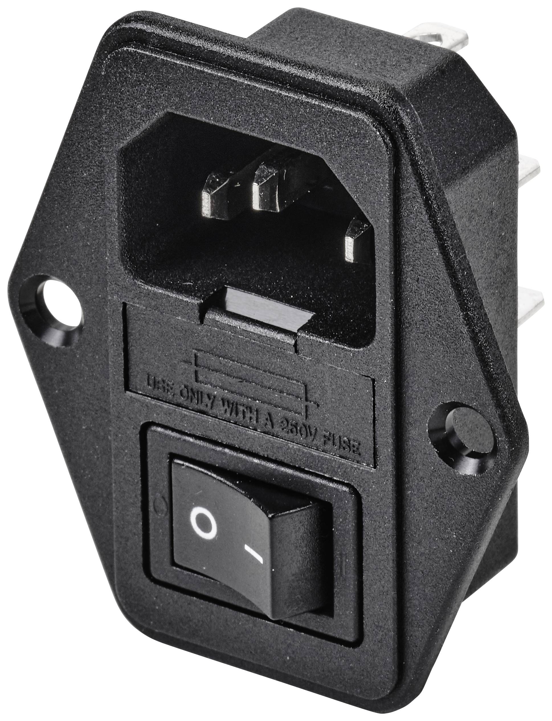 En sort enhedskontakt med integreret netstik, vippeafbryder og sikringsholder, egnet til elektrisk tilbehør.