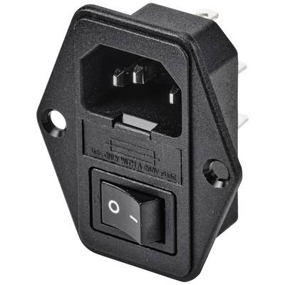 En sort enhedskontakt med integreret netstik, vippeafbryder og sikringsholder, egnet til elektrisk tilbehør.