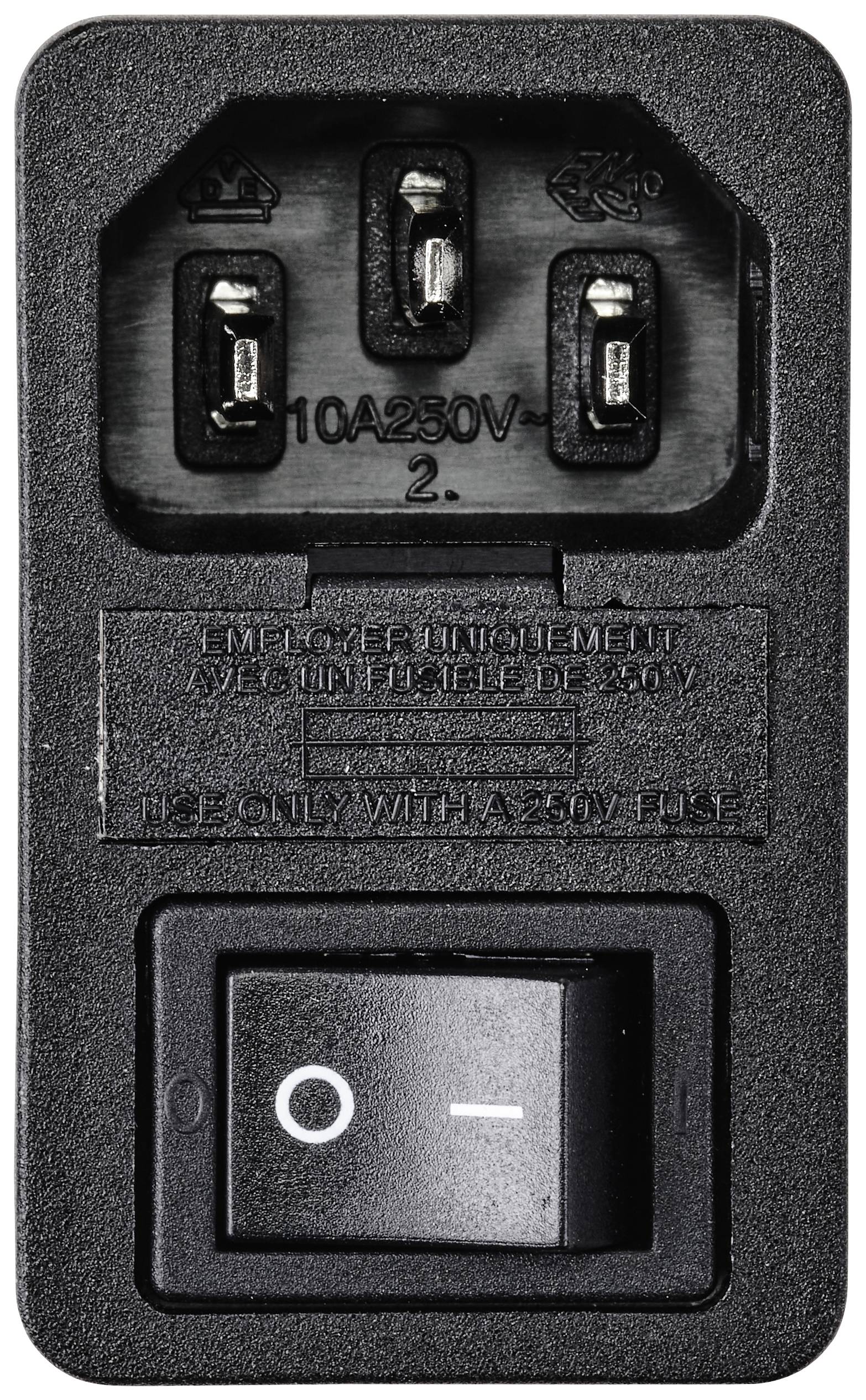 Switch med On/Off-position og stikdåse til strømkabel. Mærket: 10A 250V.