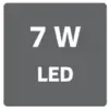 '7 W LED' på en kvadratisk baggrund signalerer en LED-lampes effekt og type.