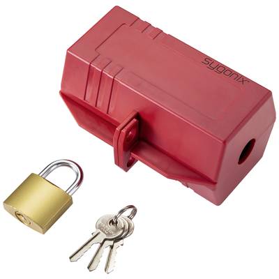 Rødt Lockout-Tagout-udstyr med hængelås og tre nøgler, til sikring af maskiner under vedligeholdelsesarbejde.