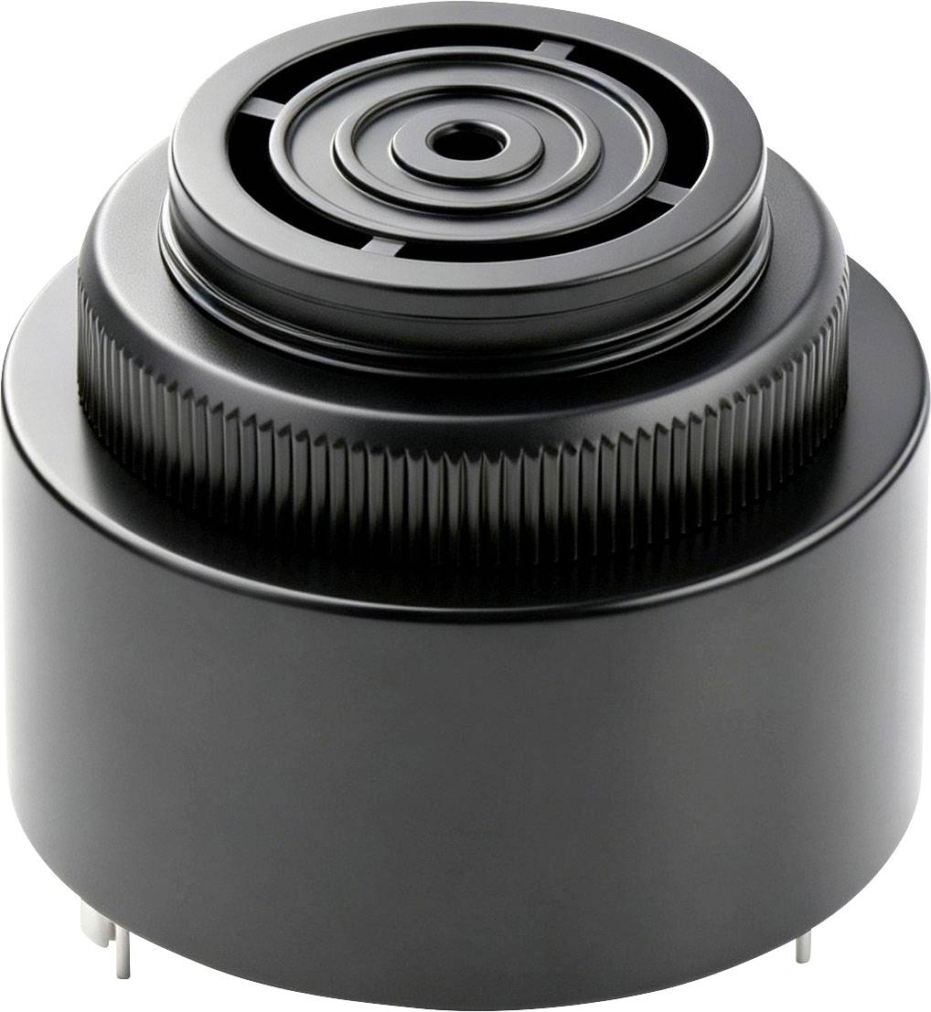 Sort cylindrisk elektronisk komponent med riflet base og cirkulær top, der ligner et buzzer- eller højtalermodul.