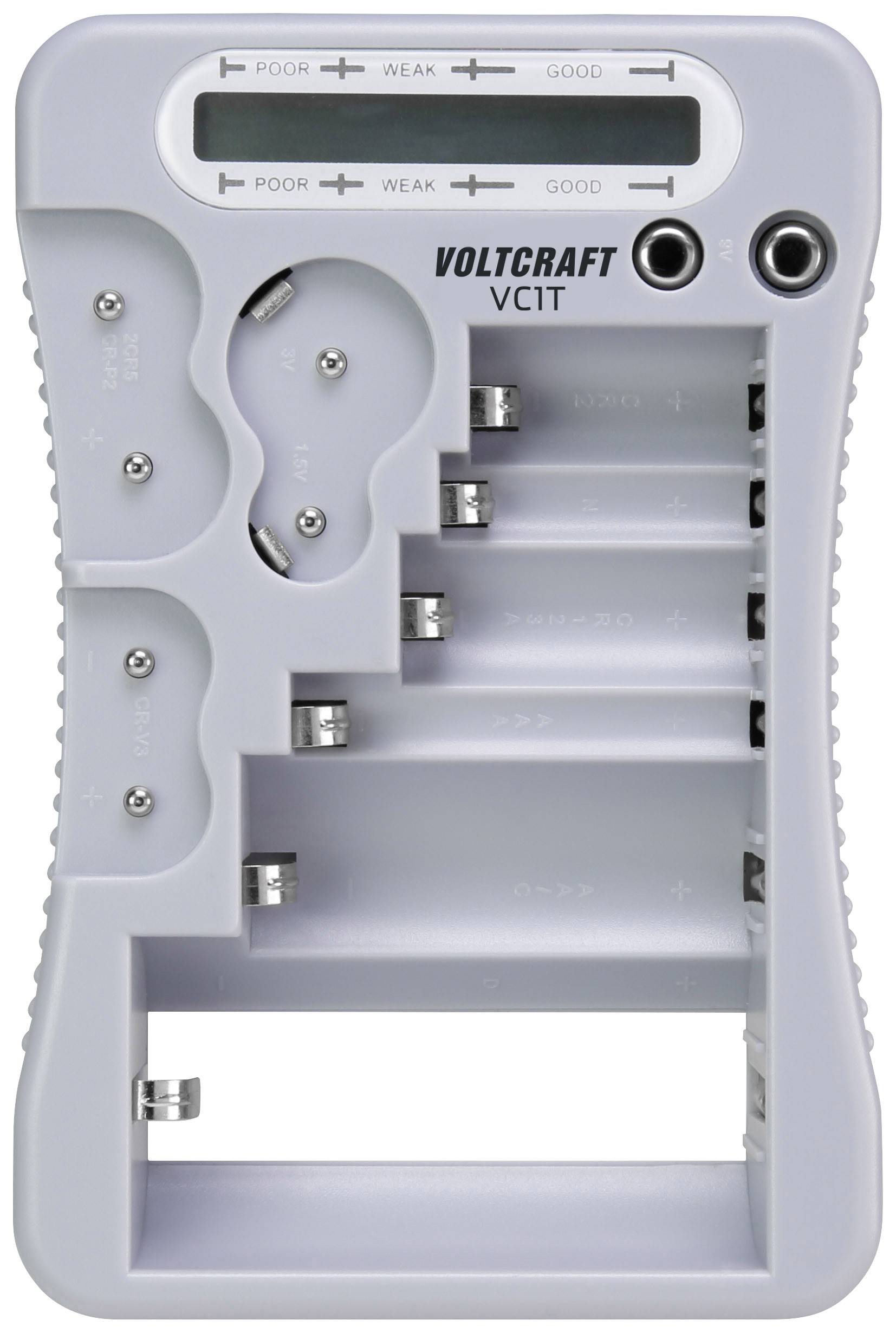 Et batteriopladeren til forskellige batterityper med LCD-display til visning af opladningstilstand (Dårlig, Svag, God). Varemærke: Voltcraft VC1T.