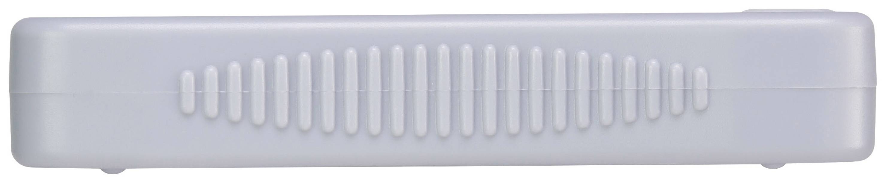 Et rektangulært, hvidt plastikhus med riflet overflade.