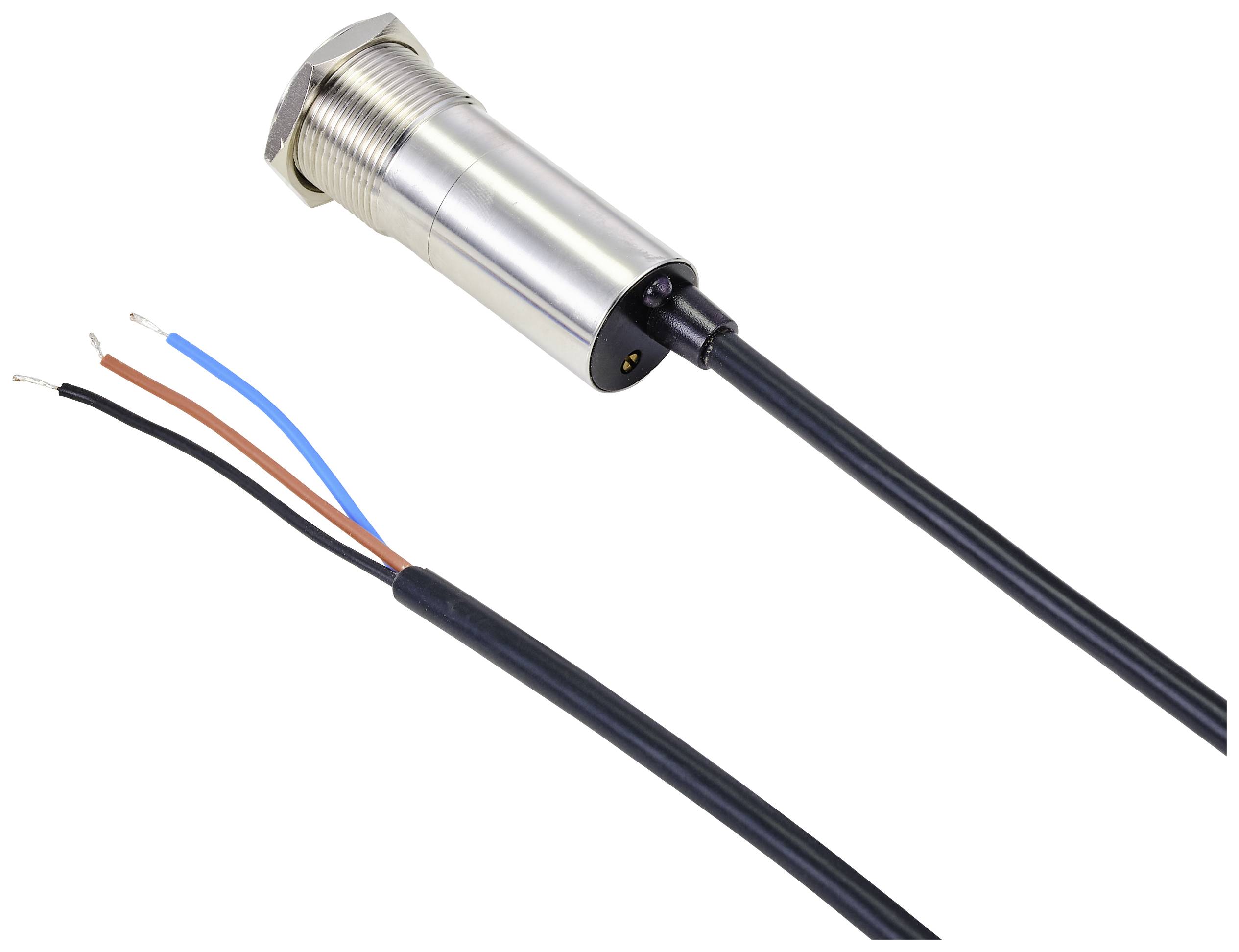 En cylindrisk metallisk sensor med et tilsluttet kabel, der viser tre forskellige farvede ledninger: rød, blå og brun.