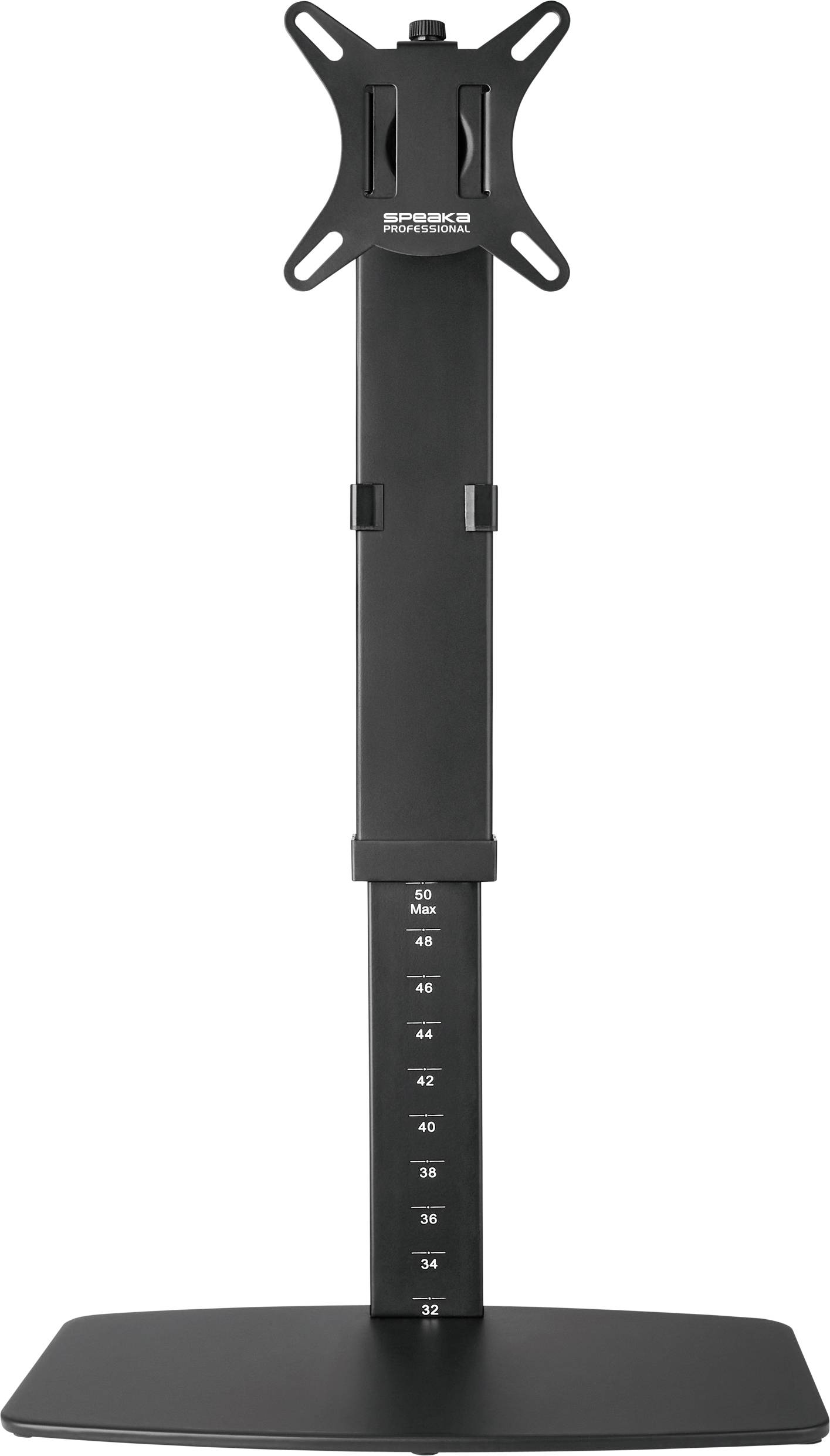 Sort, justerbar skærmstand til ergonomisk skærmhøjde, med skala fra 32 til 50 cm. Inkluderer monteringsmuligheder.