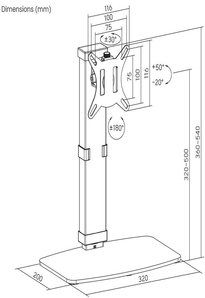 Tegning af en justerbar monitorfod med dimensioner i millimeter: Højde 320-540 mm, vinkel fra +50° til -20°, rotation ±180°.