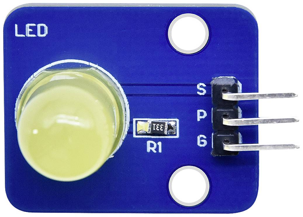 En simpel elektronisk LED-sensor med mærkningen 'LED', modstand 'R1' og tre ben mærket 'S', 'P', 'G'.