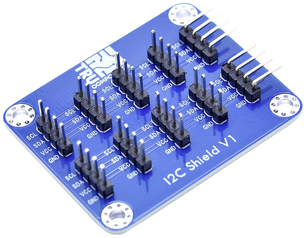 Blåt I2C-shield V1 med flere pin-stik til SCL, SDA, VCC og GND, bruges til tilslutning af I2C-enheder.