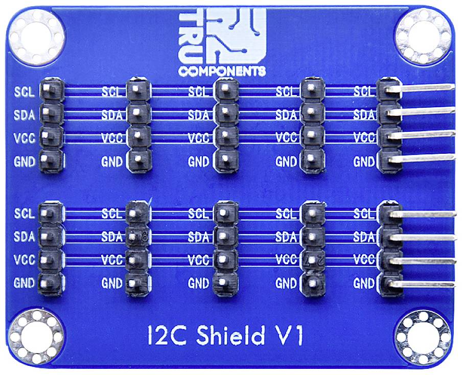 Blåt I2C-shield V1 med flere SCL-, SDA-, VCC- og GND-tilslutninger, trykt med 'TRU COMPONENTS'.