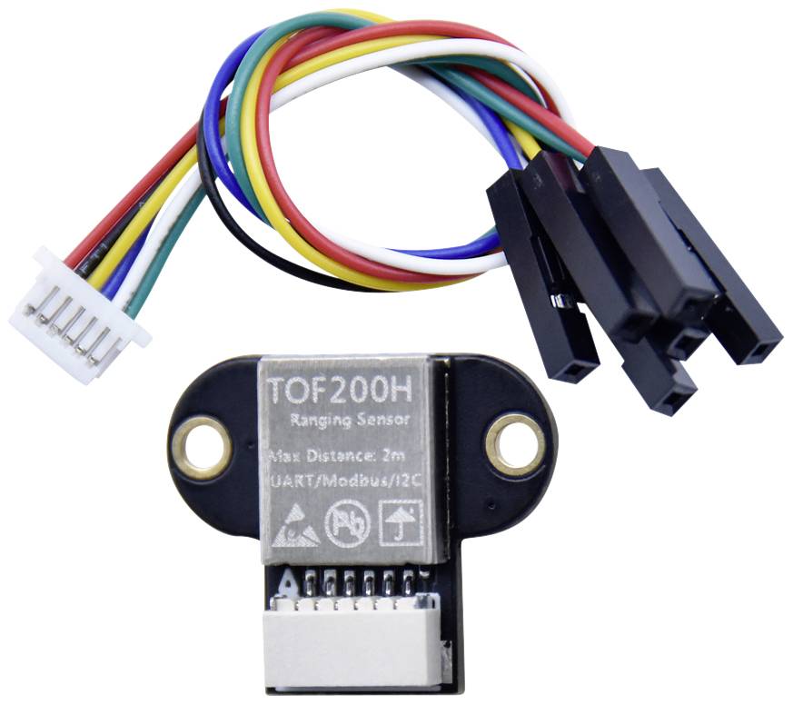 'TOF200H' afstandssensor med maksimal rækkevidde på 2m, inklusive kabel med flere stikforbindelser til UART/Modbus/I2C.