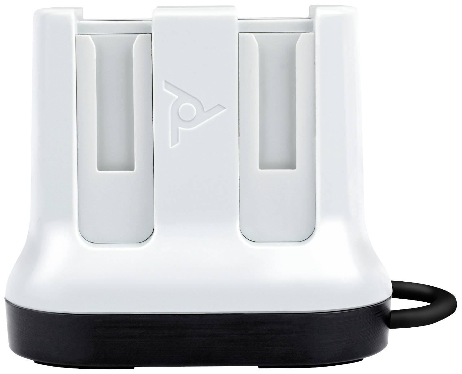 Hvid oplader med to åbninger til opladning af batterier, sort base, kompakt design, symbol på forsiden.