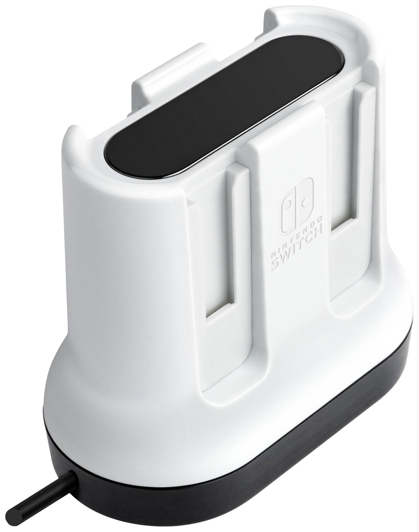 Hvid oplader til Nintendo Switch Joy-Con-controllere, med plads til to controllere og sort kabel.