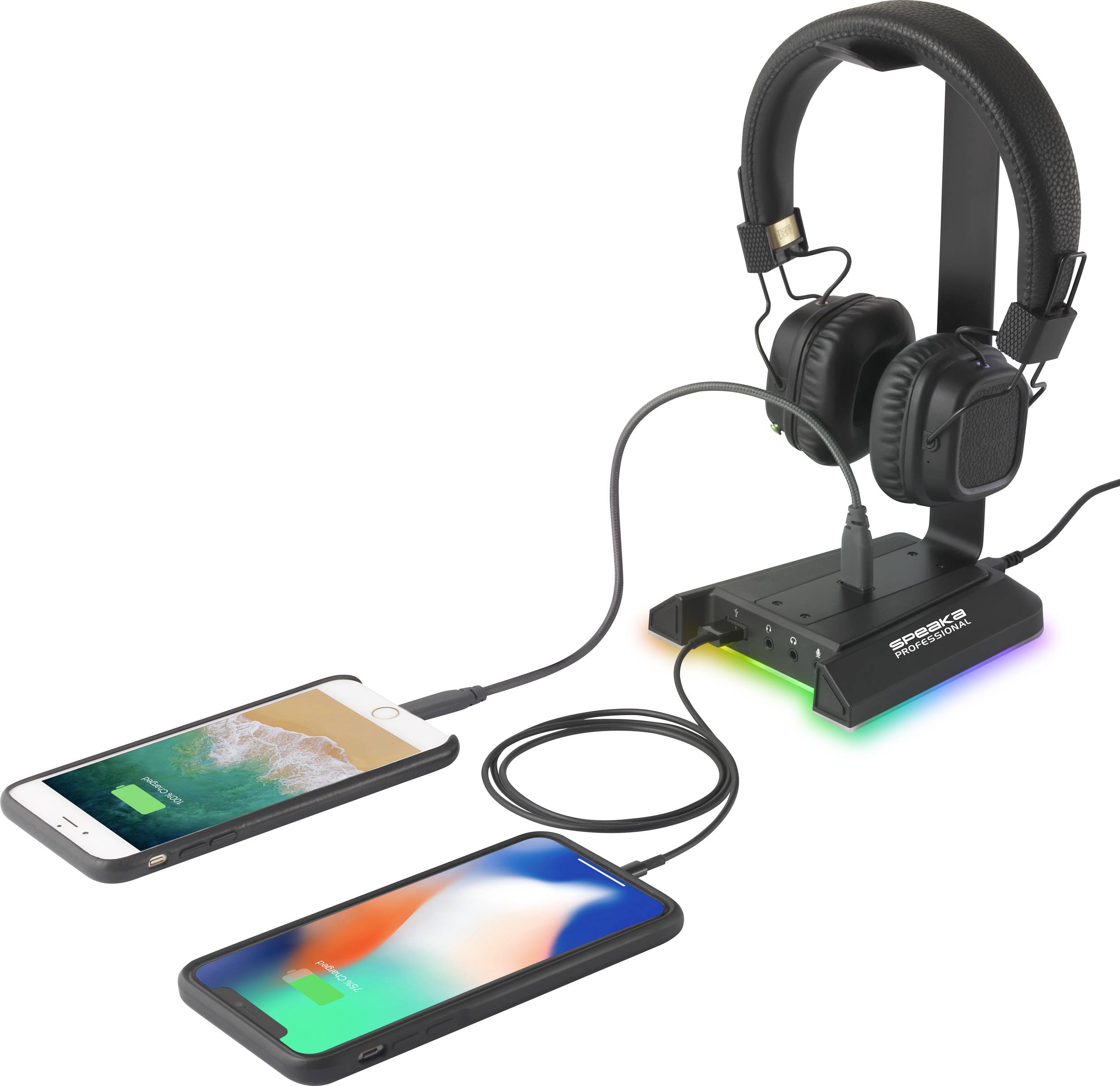 Headset-stander med trådløs opladningsfunktion. To smartphones tilsluttet via kabel. Høretelefoner placeret på standeren.
