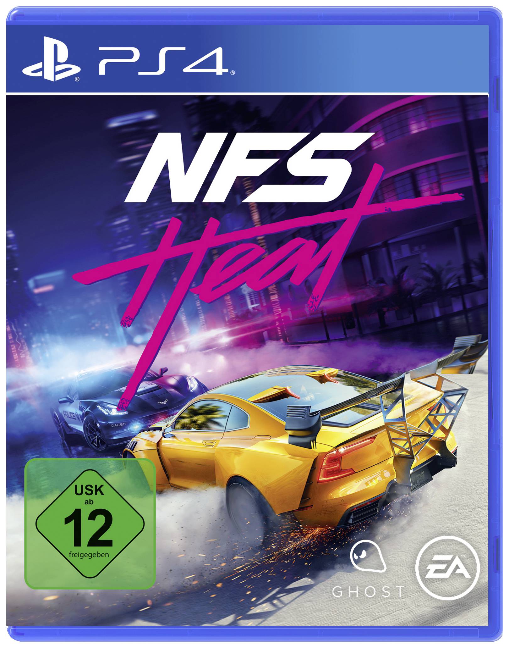 Et PS4-videospilscover viser en gul bil, der driver i et natligt race. Påskrift: 'NFS Heat'. Aldersgrænse: 12 år.