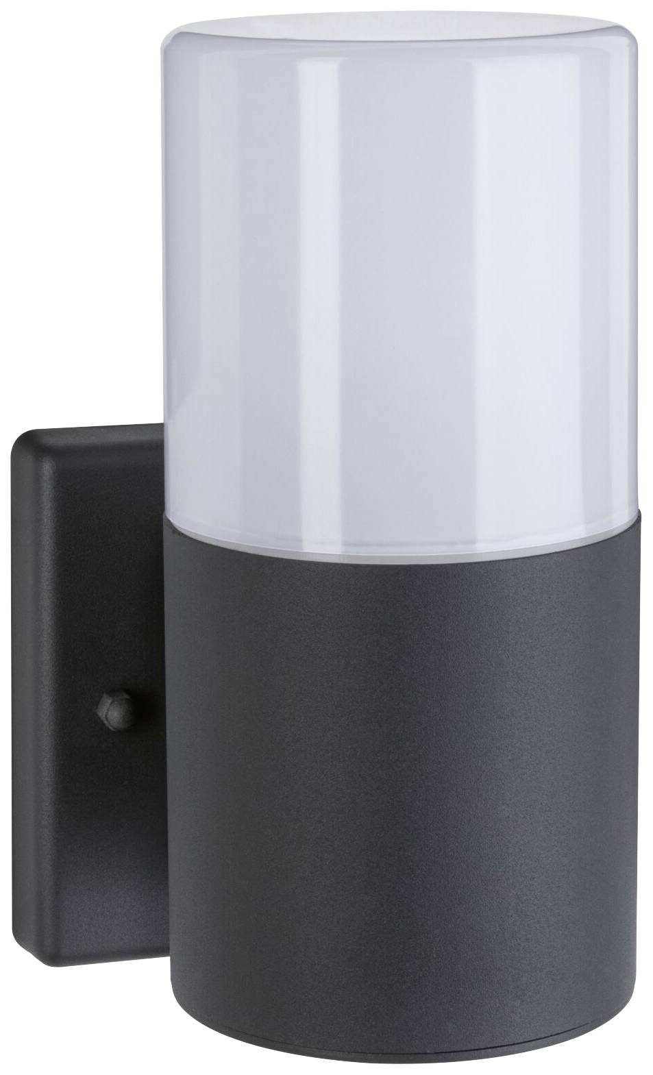 En moderne, cylinderformet udendørs væglampe med sort sokkel og hvid diffuser, designet til udvendig belysning.