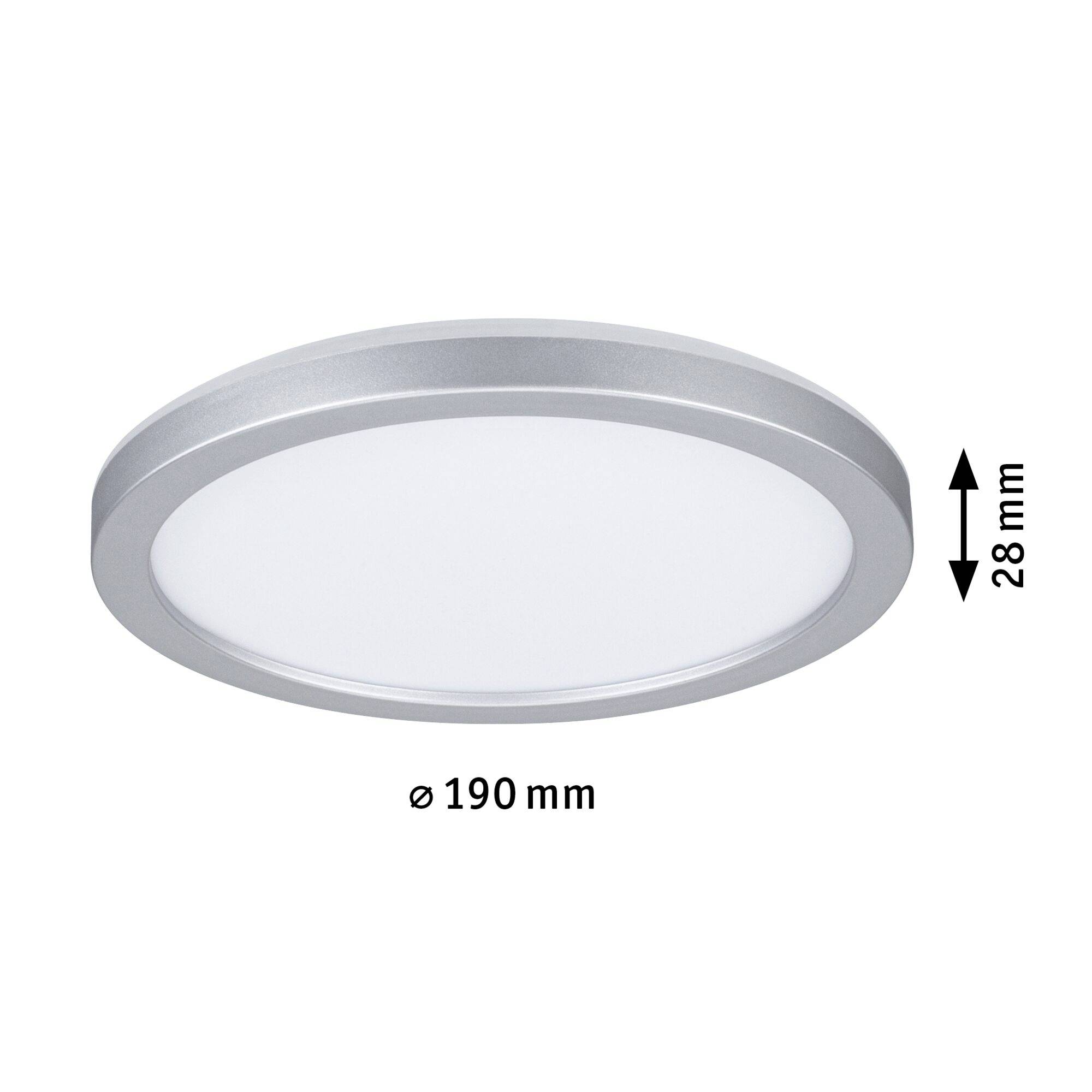 Rund loftslampe med en diameter på 190 mm og en dybde på 28 mm, vist i sølvfarve.