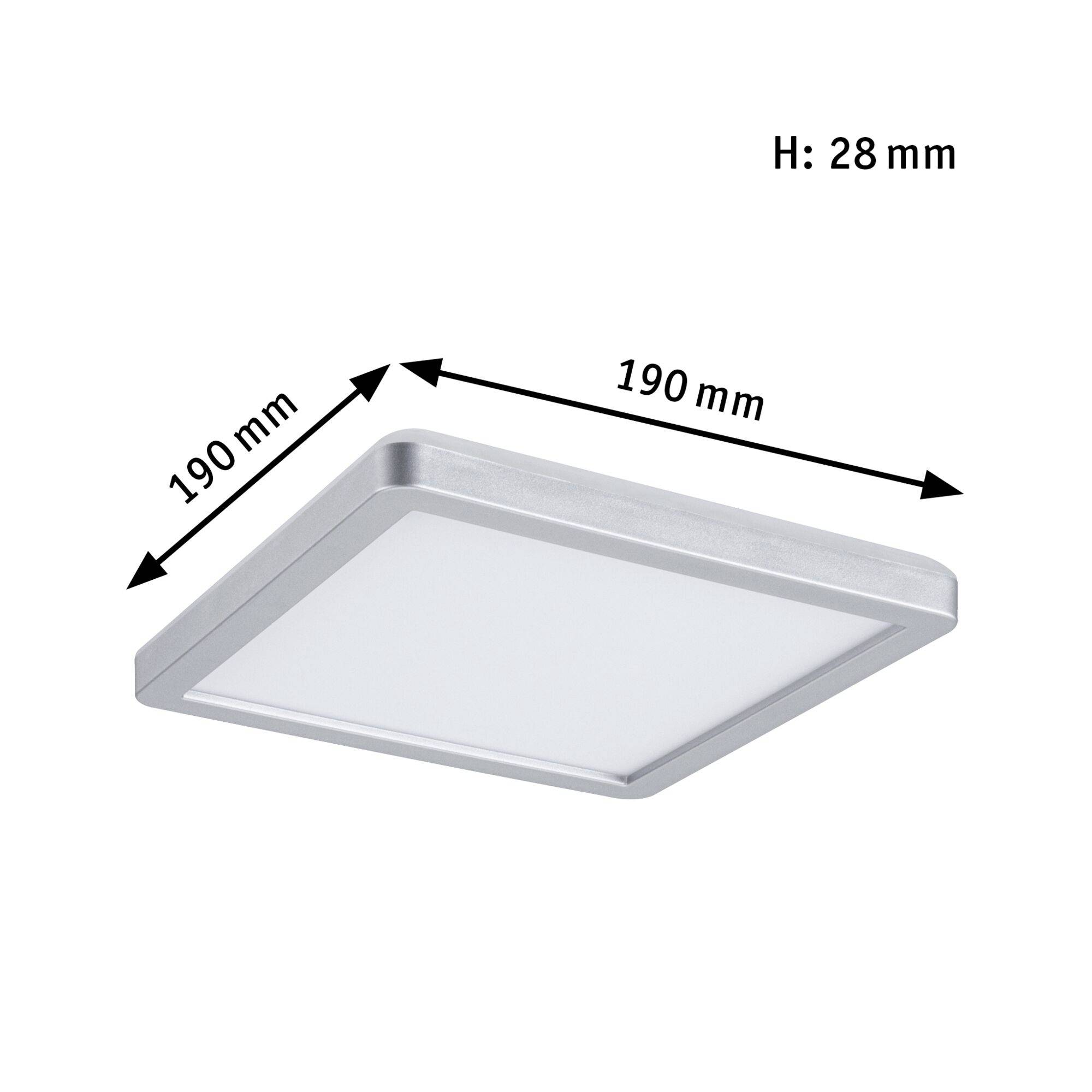 Kvadratisk LED-loftslampe med mål på 190 mm x 190 mm og en højde på 28 mm.