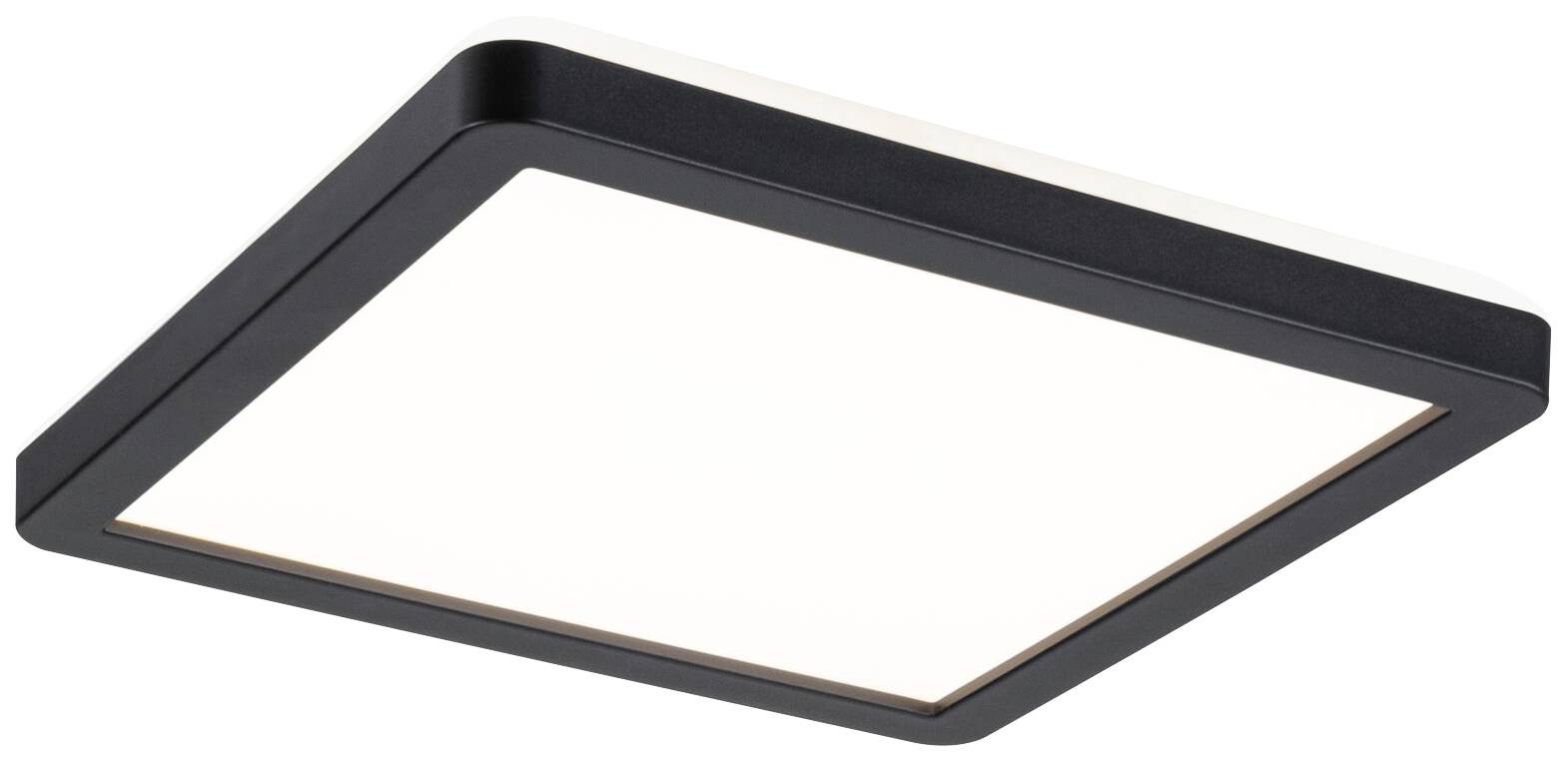 Rektangulær, flad loftslampe med sort kant og hvid flade i midten, egnet til belysning af indendørsarealer.