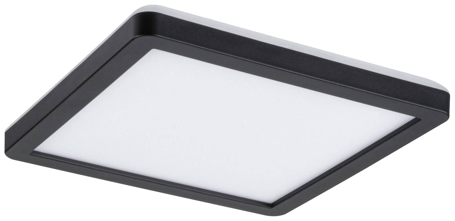 Firkantet LED-loftslampe med sort ramme og hvid lysende overflade, velegnet til moderne indendørsrum.