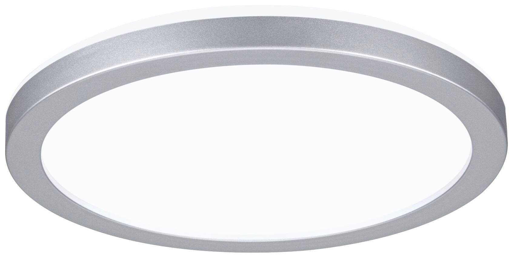 Rund loftlampe med sølvramme, moderne og enkelt design, velegnet til belysning i stue eller kontor.