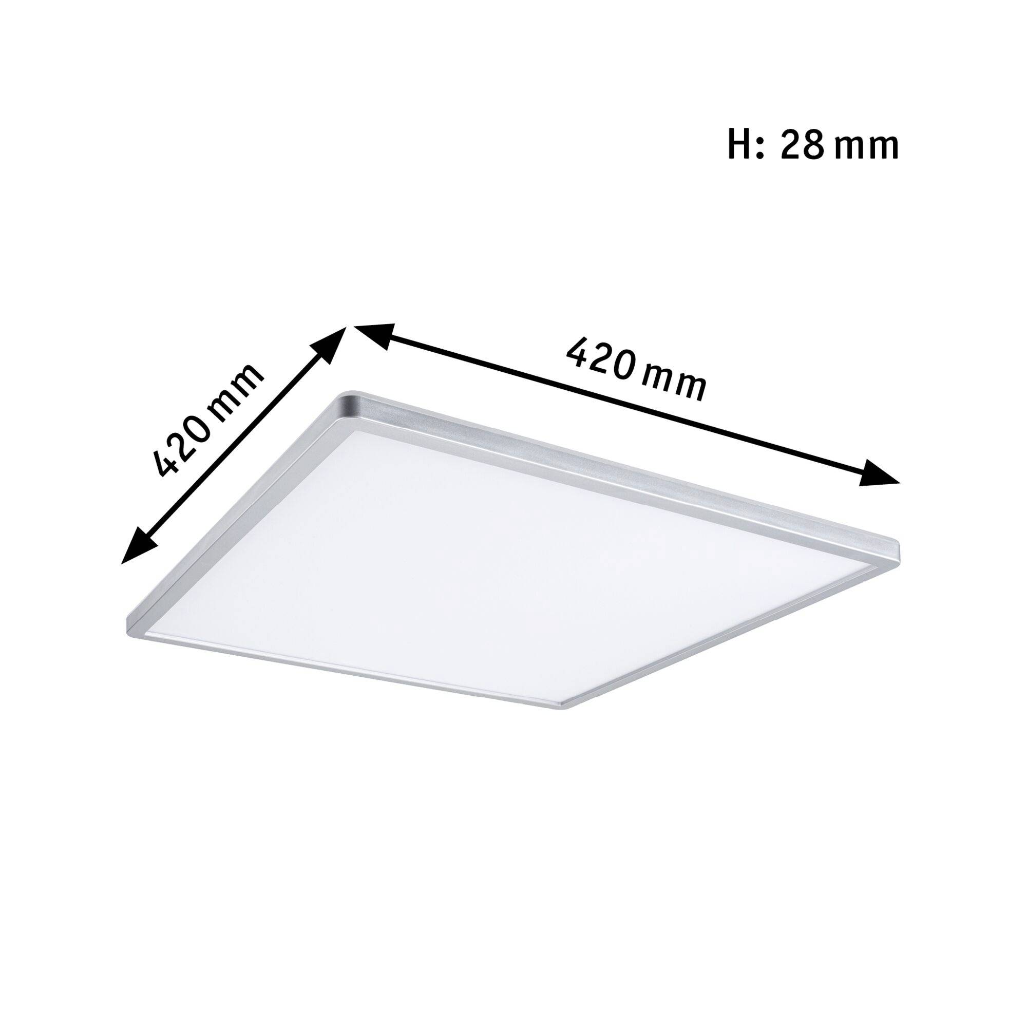 Firkantet LED-loftslampe med målene 420 mm x 420 mm x 28 mm.