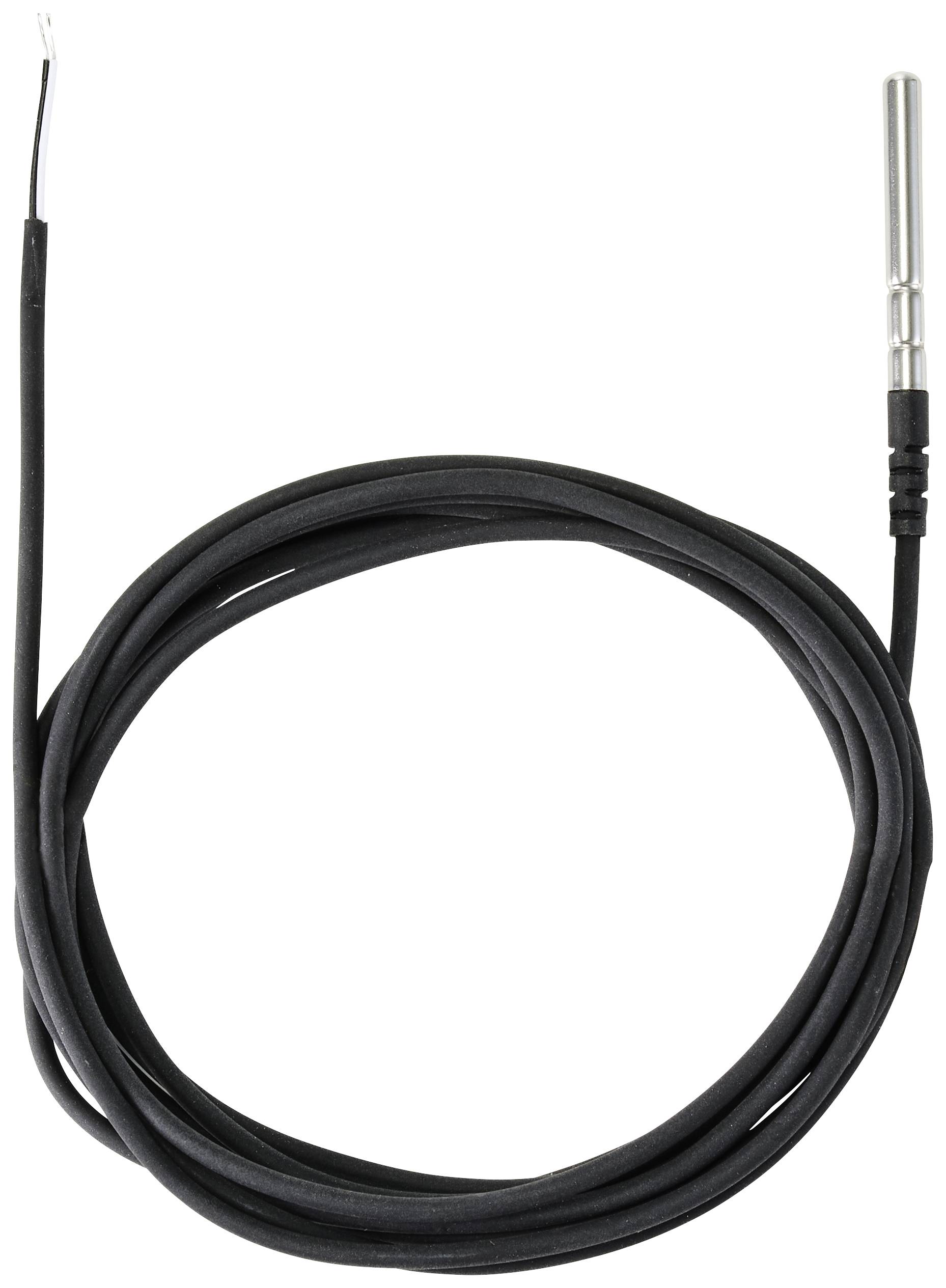 Et langt, sort kabel, der er rullet op, med en sølvfarvet føler i den ene ende. Det ligner en temperaturfølsom sensor eller et instrument.