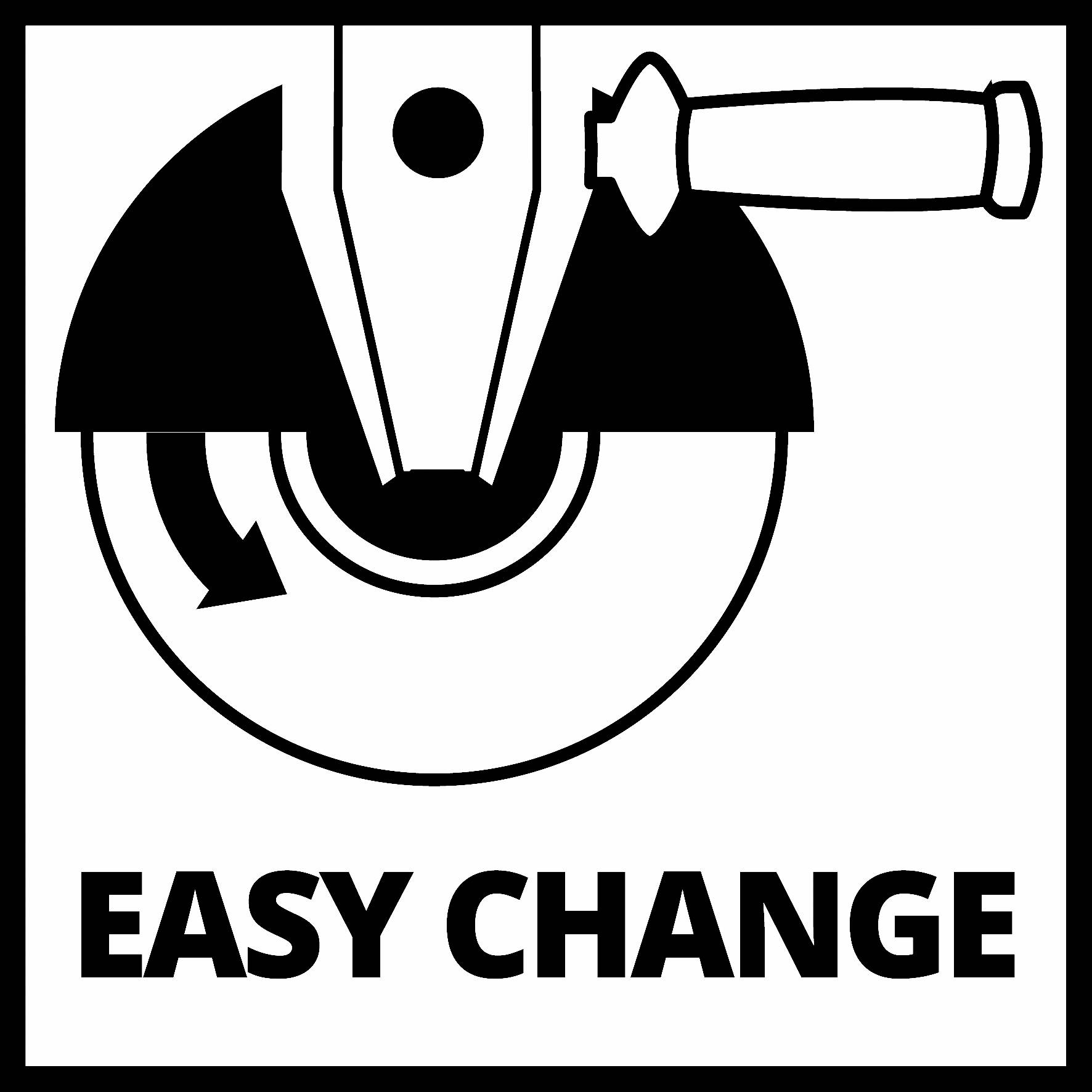 'Symbol af en skruenøgle over en cirkel med en pil, hvorunder der står "EASY CHANGE".'