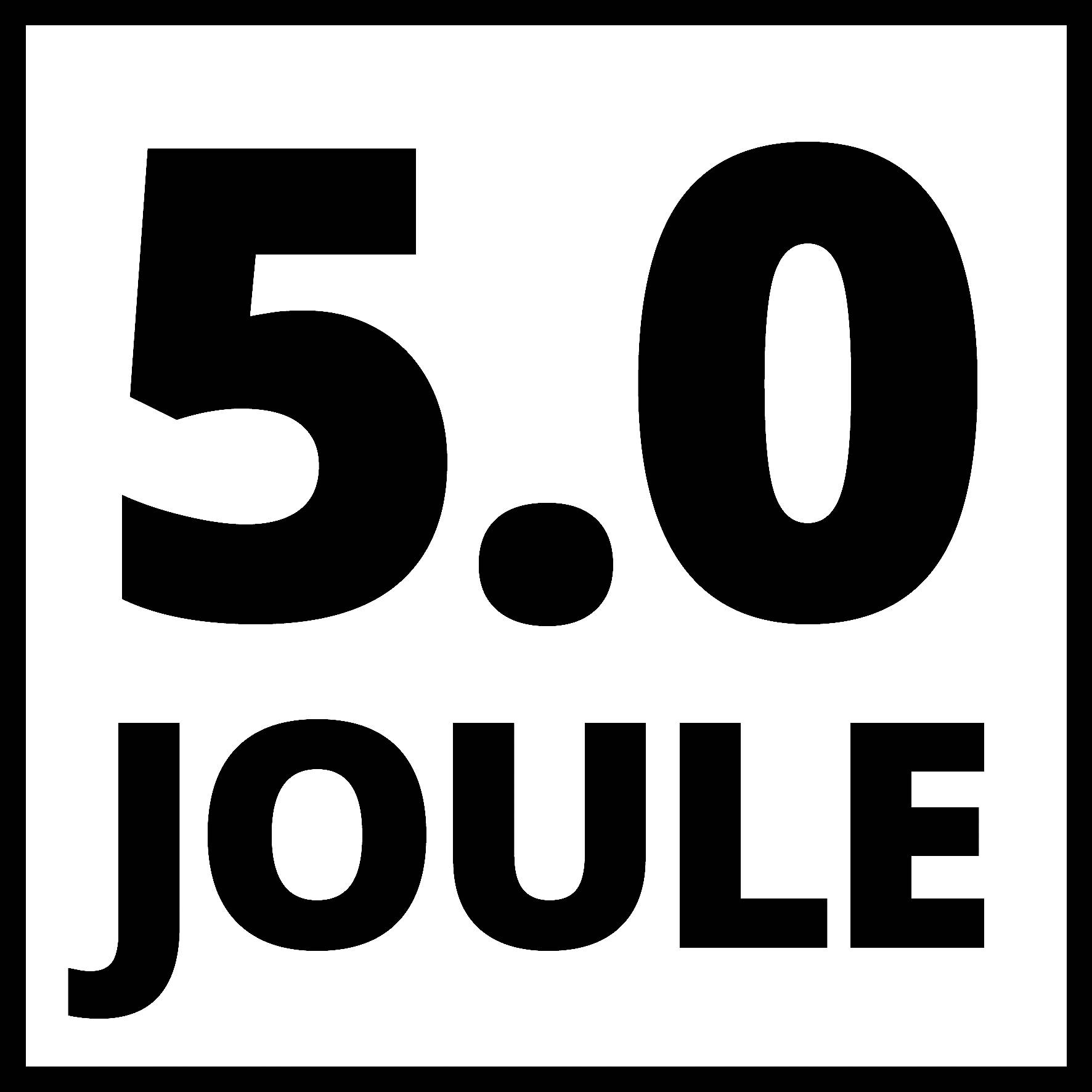 '5.0 Joule' med store, fede bogstaver på en hvid baggrund.