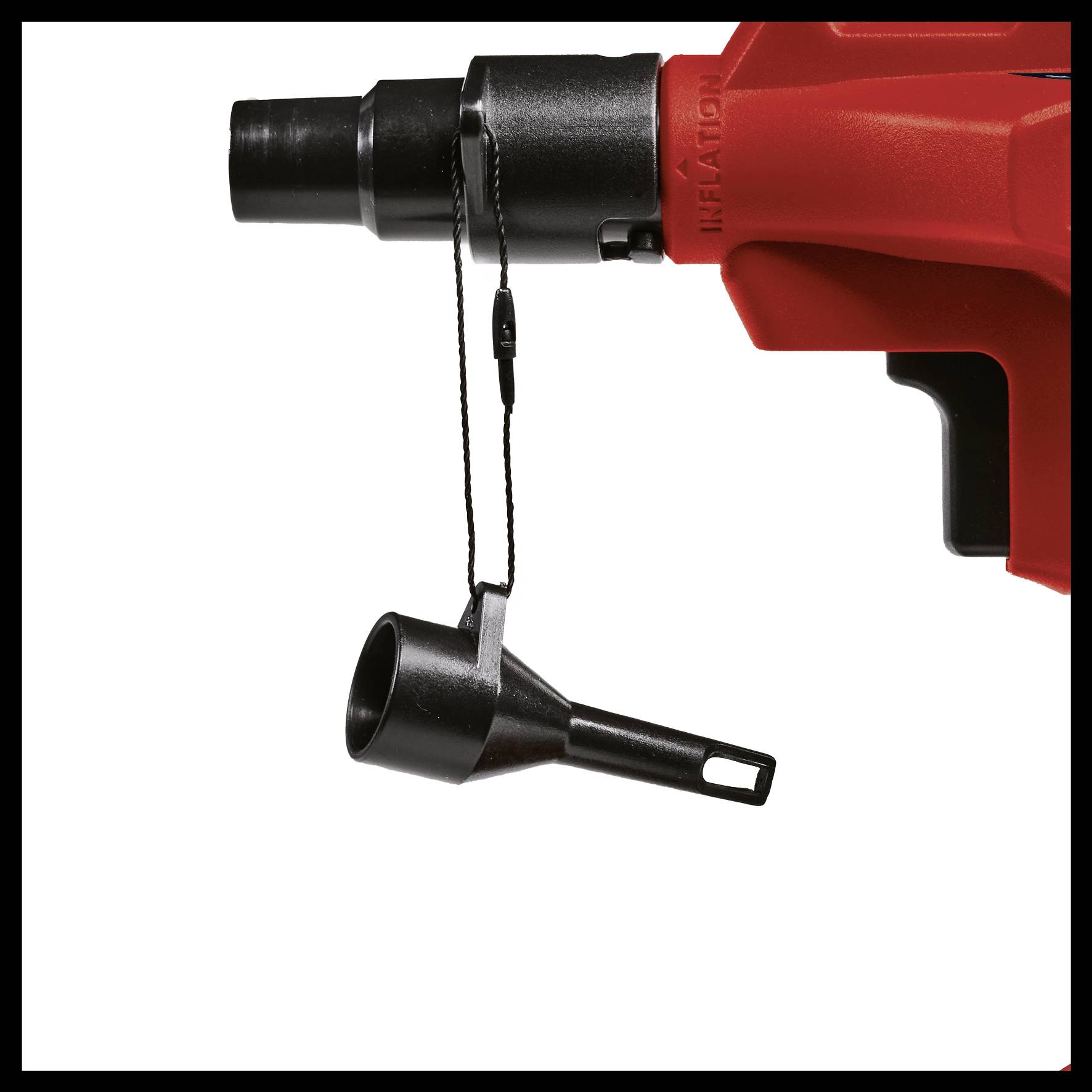 Rød borehammer med sort borehovede, aftagelig beskyttelseshætte og kabelløkke. Værktøj til tunge byggeopgaver.