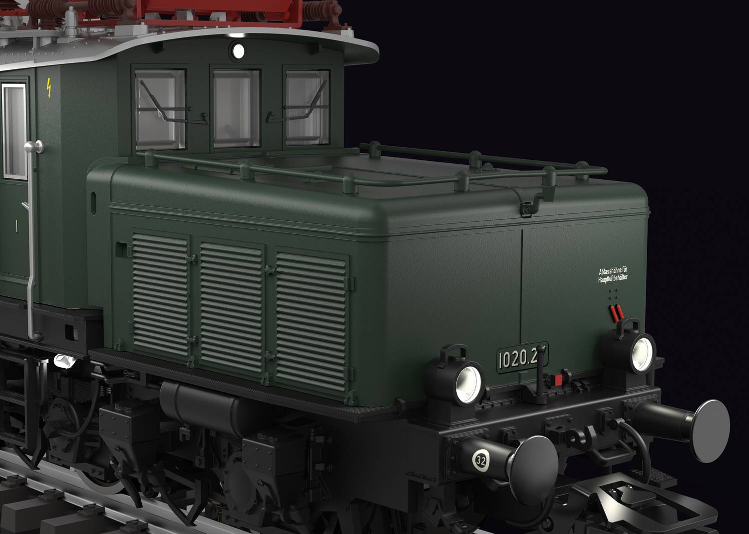 En grøn elektrisk lokomotiv af serien 1020 med frontlygter og påskriften '1020 21'. Detaljeret design, set forfra.