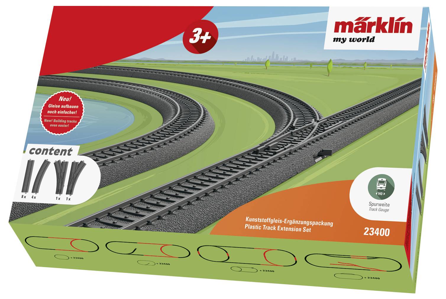 Märklin togbaneett til børn over 3 år. Billede viser sorte plastikskinner arrangeret i en cirkel og rette linjer, mærket 'indhold'.