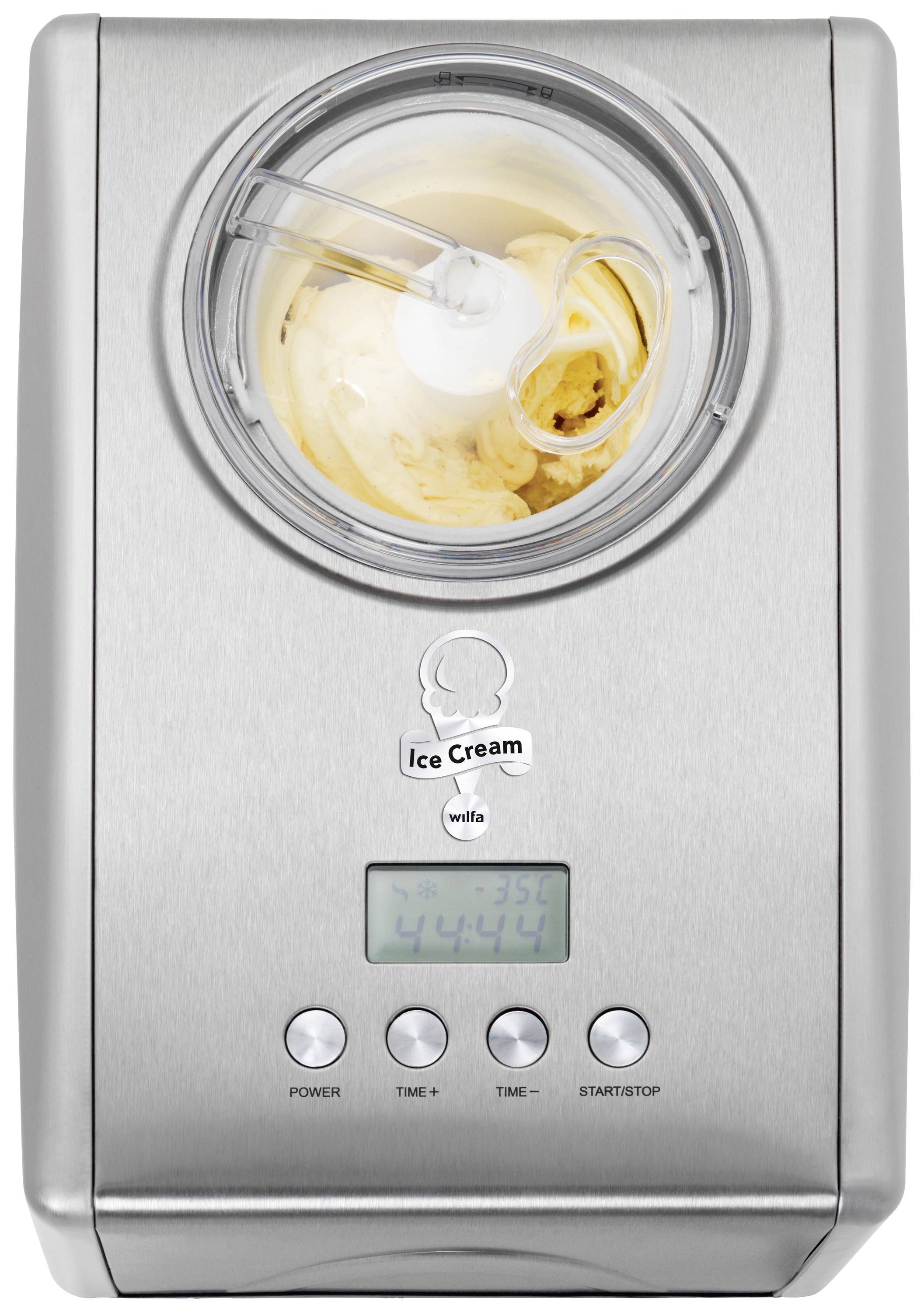 Ismaskine med digitalt display, der viser '44:44', fyldt med vaniljeis i rustfrit stålhus, betjeningselementer nedenunder.