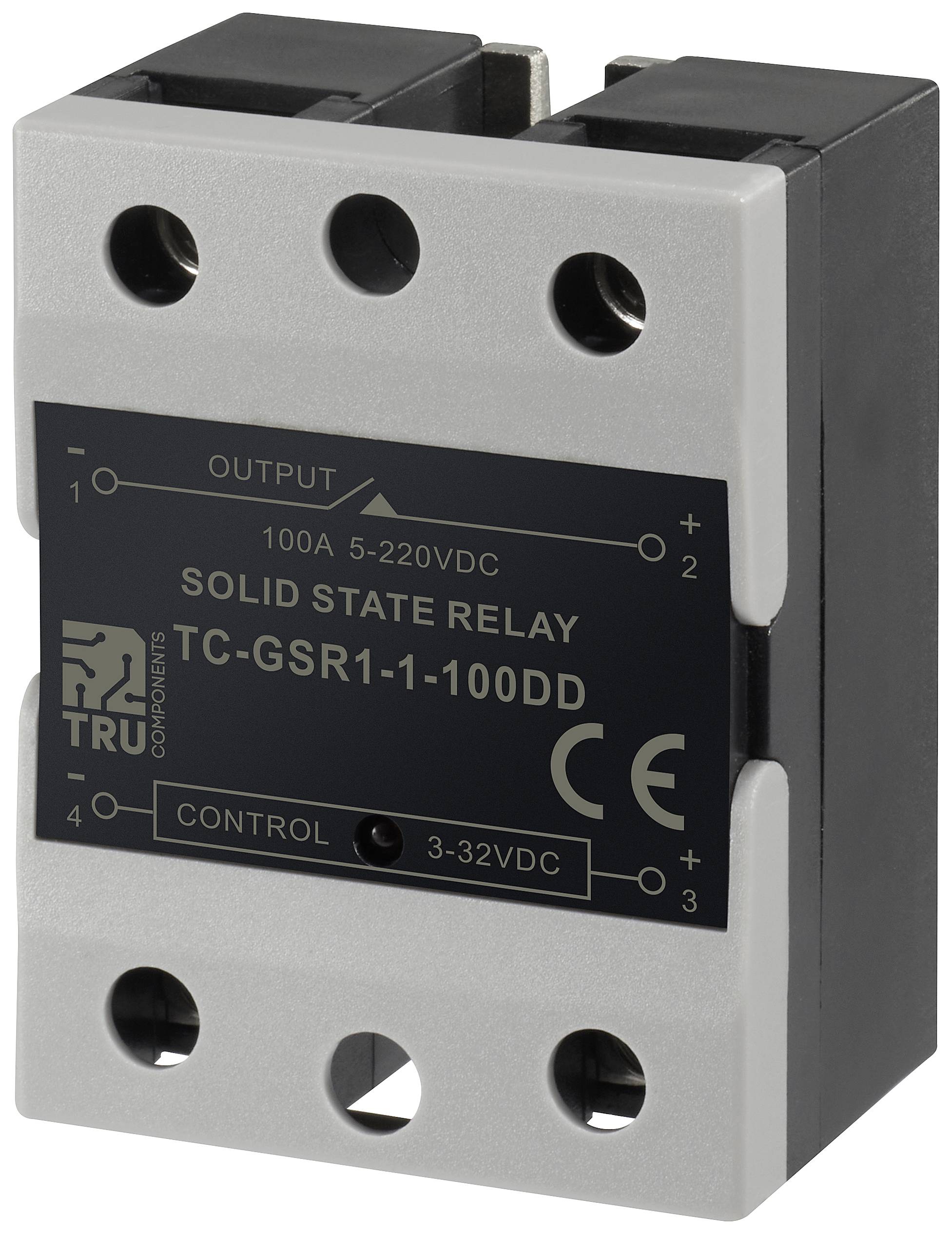 Solid state relæ mærket 'Solid State Relay TC-GSR1-1-100DD 100A 5-220VDC'. Indeholder tilslutninger til output og styring.