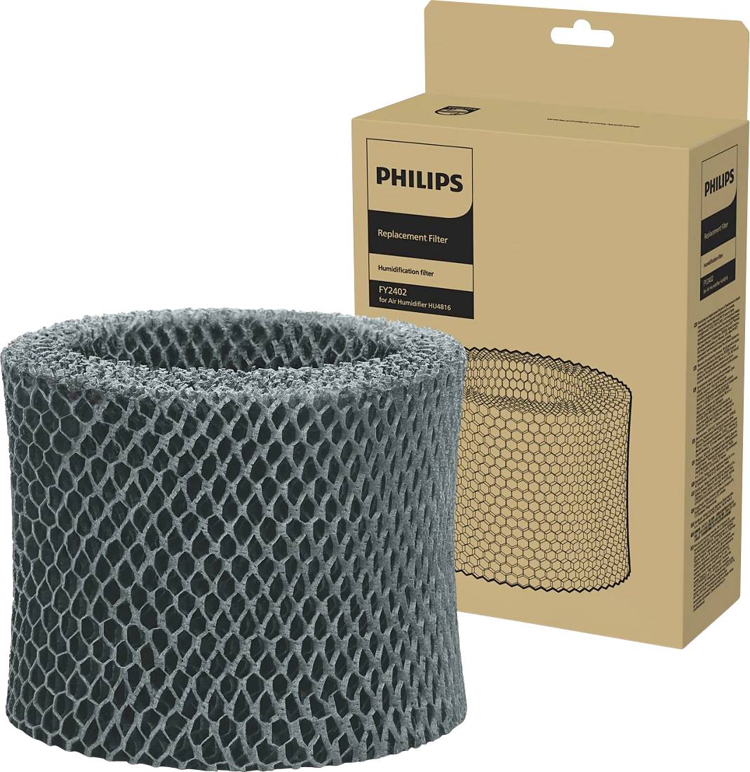 Erstatningsfilter til Philips luftfugter, model FY2402/30. Der vises filteret selv og emballagen med produktoplysninger.