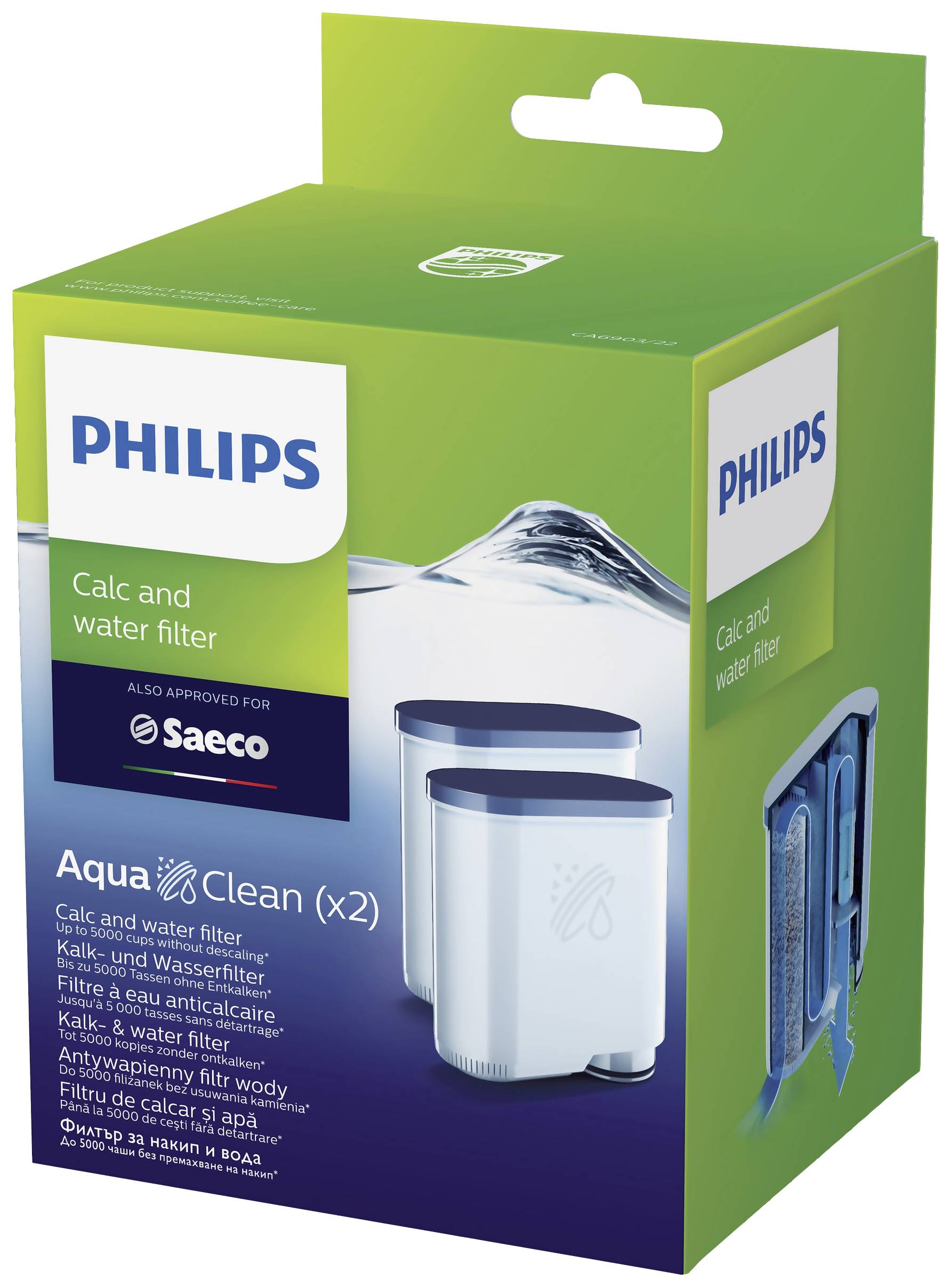 Emballage til Philips kalk- og vandfilter, egnet til Saeco-maskiner. Viser to filtre med vand- og kalkstystemboler.