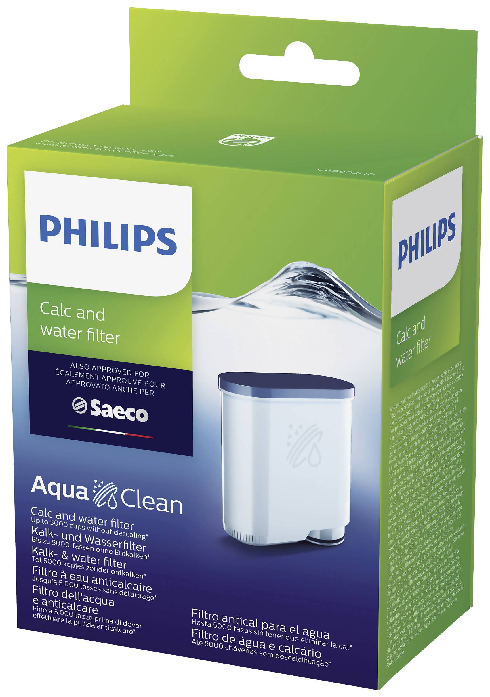 Philips' æske med et kalk- og vandfilter til kaffemaskiner. Grøn og hvid emballage med vandafbildning øverst.