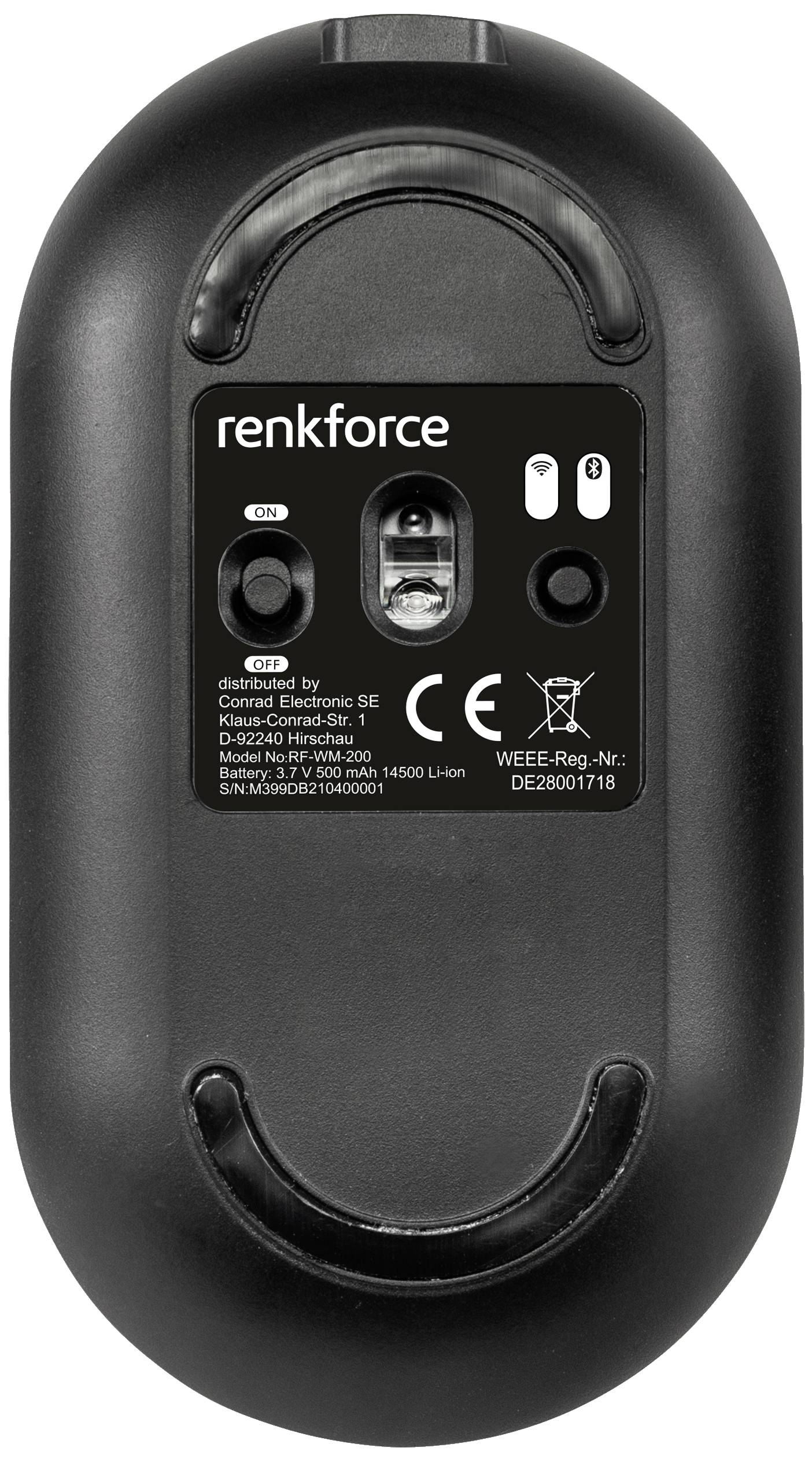 Undersiden af en sort trådløs mus fra mærket Renkforce med sensor og batteridæksel, produktinformationer synlige.