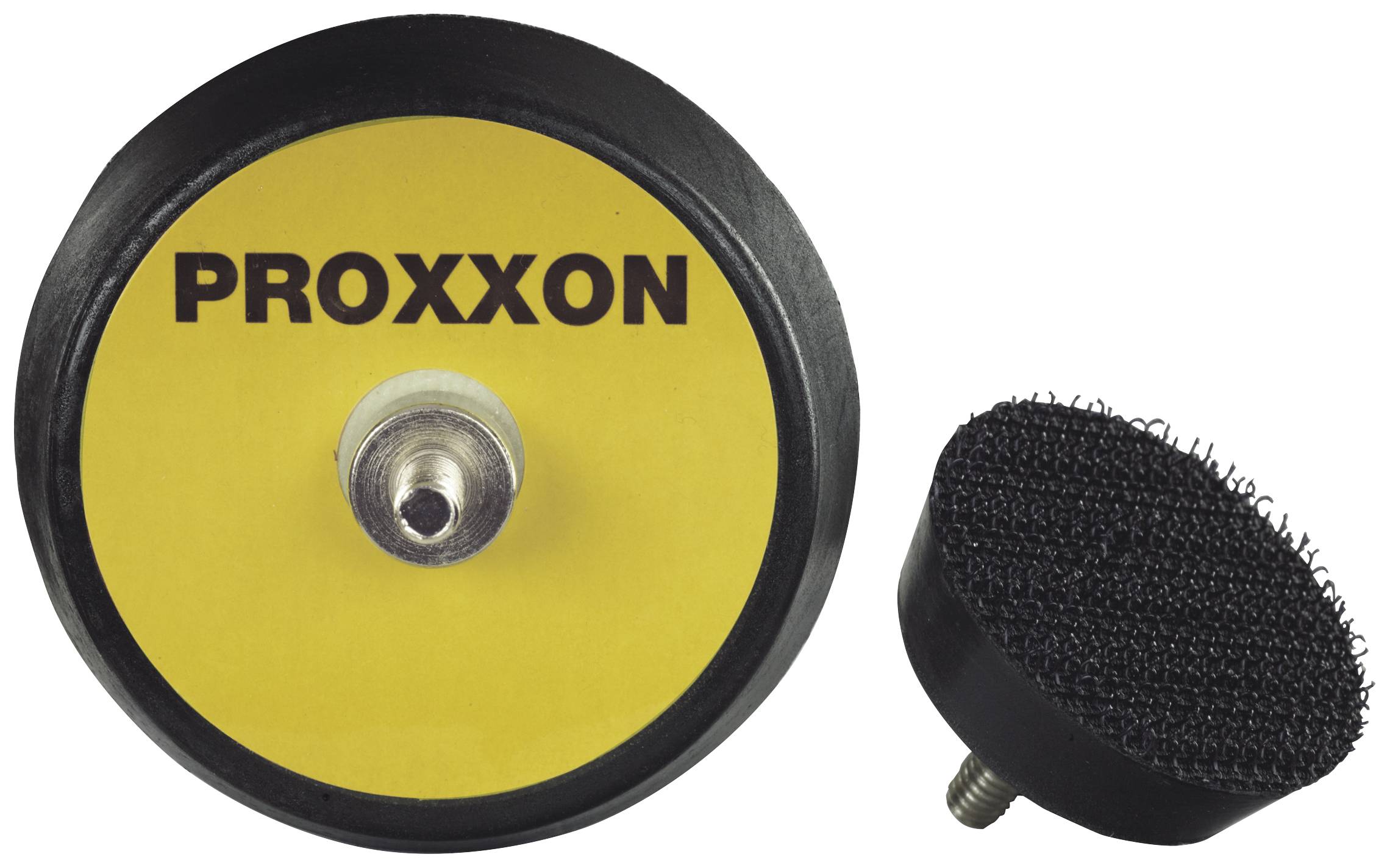 Slibeskive fra Proxxon med gul overflade og sort kant, ved siden af en sort velcro-adapter, begge med skruebeslag.