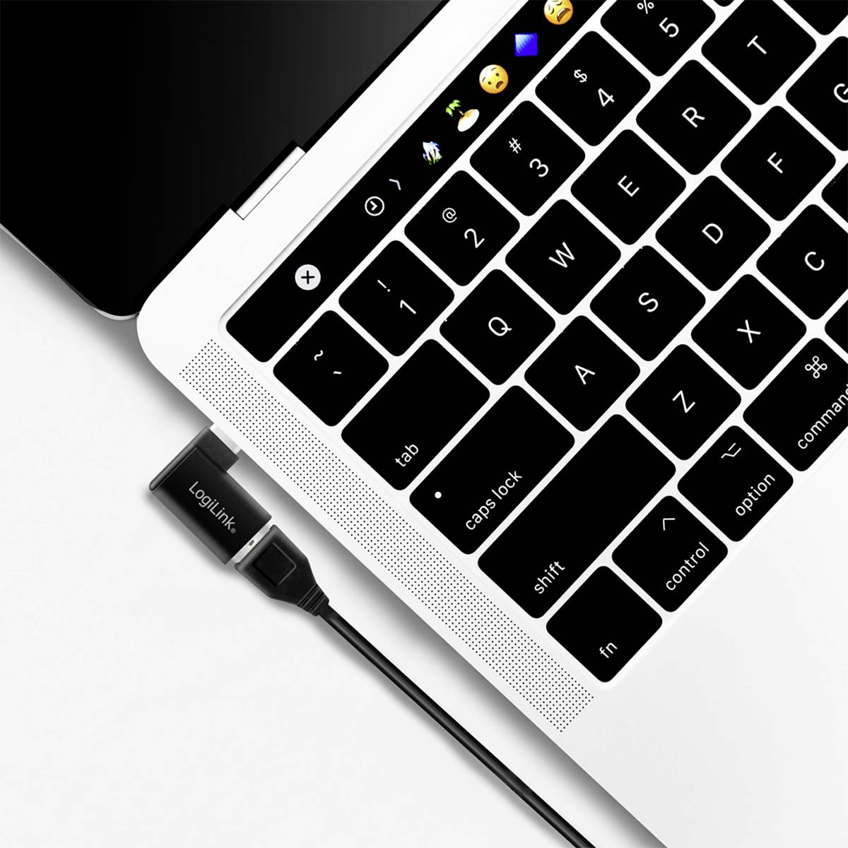 Bærbar computer-tastatur set oppefra med tilsluttet sort USB-kabel fra LogiLink. Taster og symboler synlige.