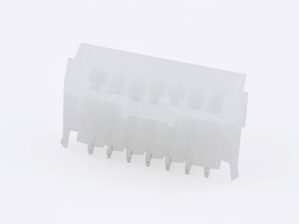 En hvid, rektangulær plastikstik med otte metalliske ben i bunden. Egnet til forbindelse af elektroniske komponenter.