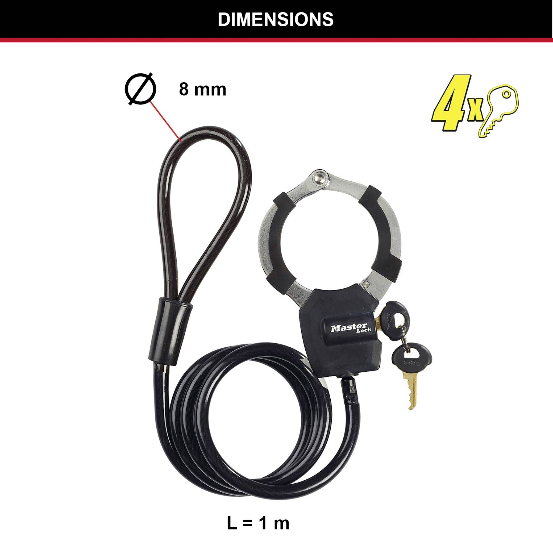 Cykellås med løkke og fire nøgler, diameter 8 mm, længde 1 m, sort farve.