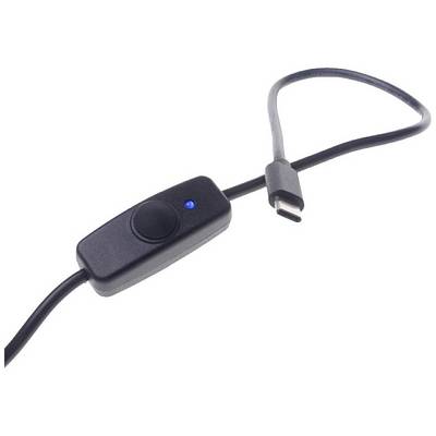 Et sort kabel med USB-C-stik og en rektangulær kontakt, der har en blå statusindikator.