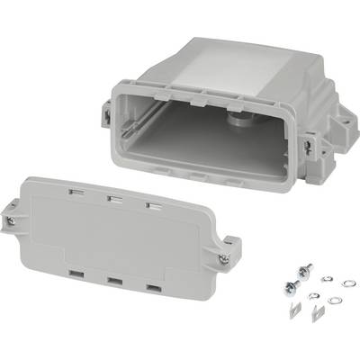 Grå plastikboks med aftagelig låg, skruer og skiver. Design til elektriske installationer.