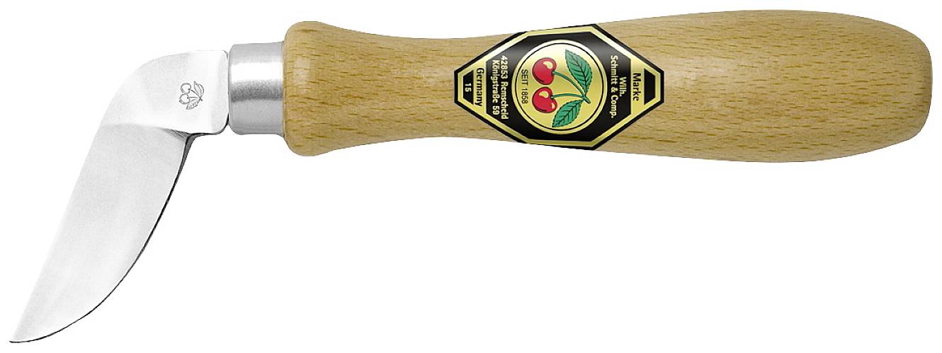 Foldekniv med træhåndtag og buet klinge, i midten et mærkat med røde kirsebær.