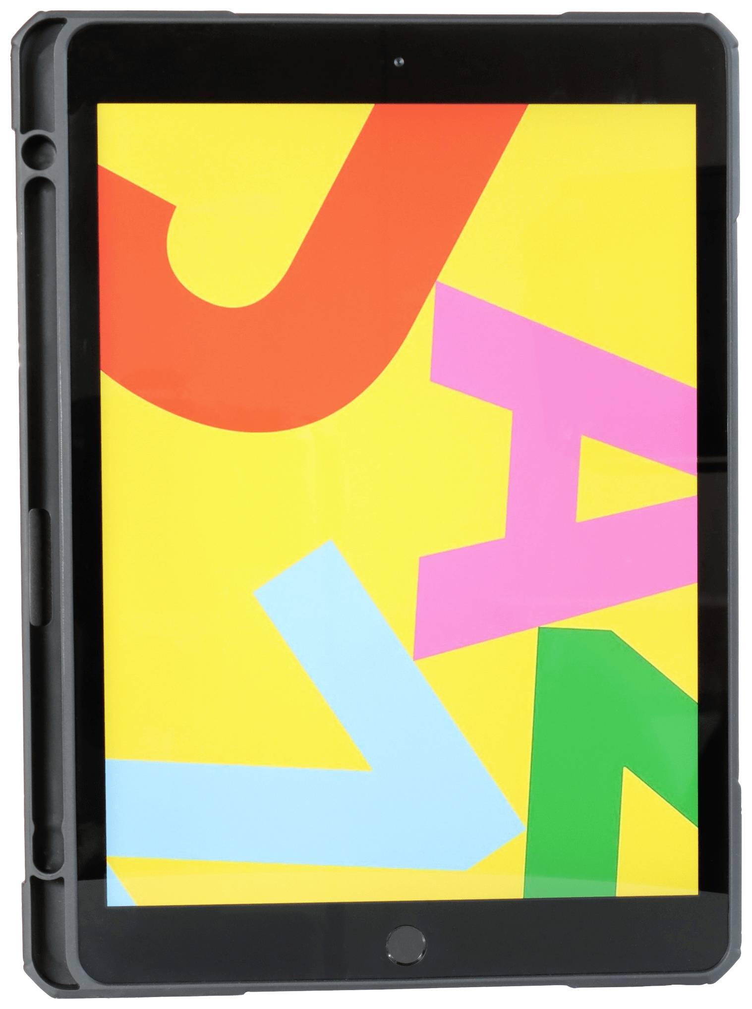 Et tablet med en skærm, der viser farvede bogstaver på en gul baggrund.